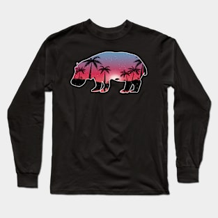 Hippopotamus Beautiful Sunset Beach Palm Tree Long Sleeve T-Shirt